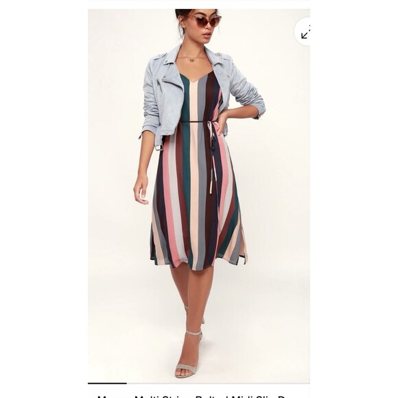 NWT Lulus Erina Mauve Multi Stripe Belted Midi Slip Dress Size Small - Picture 1 of 13